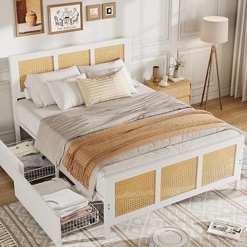 Garvee Rattan Full Bed Frame with LED Headboard (7 Colors), Boho Cane Platform Bed with 4 Large Drawers, Strong Metal Slats Support, Noise Free, No Box Spring Needed, Easy Assembly, White thumbnail 7