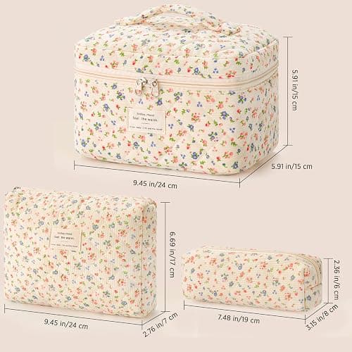 HBselect Quilted Makeup Bag, 3Pcs Cotton Large Travel Makeup Bags Organizer | Cute Floral Make up Bag Cosmetic Bag Toiletry Bag for Women Girls, Makeup Pouch for Skincare, Brushes & Travel Essentials thumbnail 6