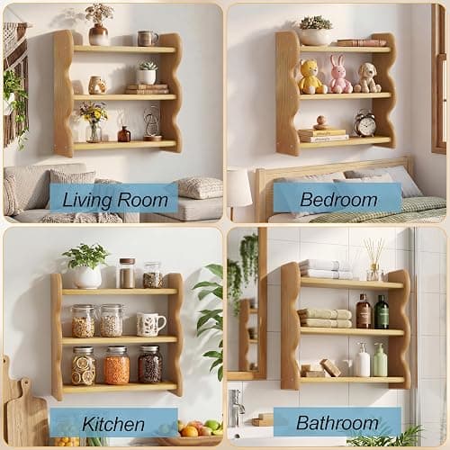 ZUJJAFY Wall Shelf, 3 Tier Hanging Shelves for Room Wall Decor, Wood Trinket Shelf Display for Living Room, Bedroom thumbnail 7