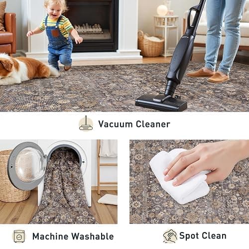 HUGEAR 8x10 Machine Washable Rugs Tradition Brown Hallway Large Area Rug Indoor Accent Rug Floral Low Pile Carpet Soft Throw Aesthetic Rug Bedroom Living Room Office Dining Room Kitchen Laundry Room thumbnail 6
