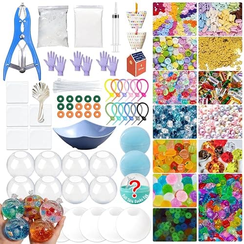 Geoynas DIY Stress Ball Kit for Adults – Squishy Stretch Pinch Toy | 13 fillers, 14 skins, pliers, bowl, mix spoon & 3 sealants. Squeeze & stretch for stress needoh. Case & gift bag. - Image 1
