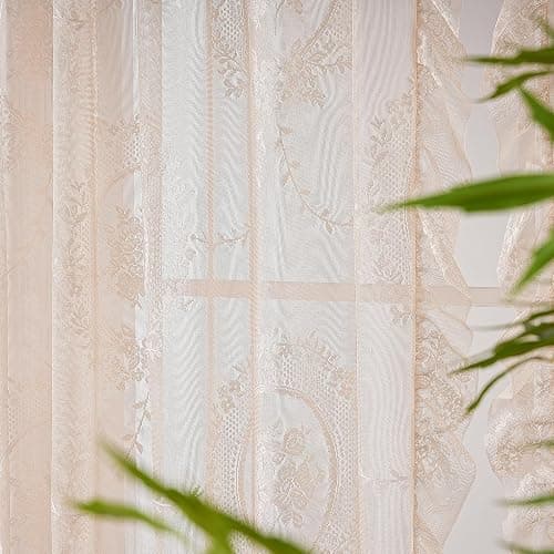 102 Inches Length Beige Lace Curtains for Bedroom 2 Panels Set Vintage Boho Curtains Sheer Floral Embroidery Ruffled Window Treatment thumbnail 5