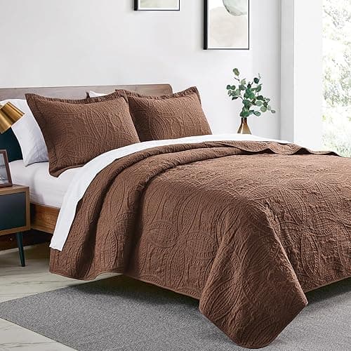 Love's cabin Quilts for Queen Bed Brown Bedspreads Bedding Set - Lightweight Bedspread Comforter - Coin Pattern Bedding Coverlet for All Season - 3 Pieces (1 Quilt, 2 Pillow Shams) thumbnail 7