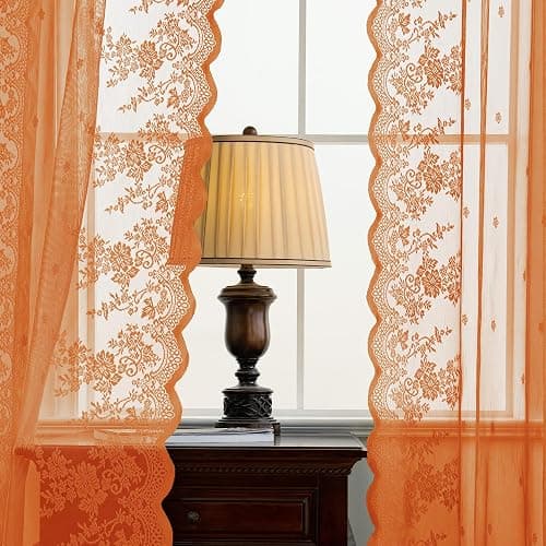 KYMRose Orange Sheer Lace Curtains 84 Inches Long, 2 Panels Country Rustic Flower Curtains for Living Room, Rod Pocket Privacy Scalloped Sheer Lace Panels, Orange 52 x 84 Inch thumbnail 7