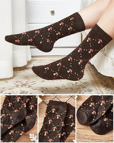 Janmercy 2 Pairs Mushroom Crew Sock Wool Mushroom Socks Classic Flower Socks Women Novelty Socks Casual Women's Socks (Flower) thumbnail 3