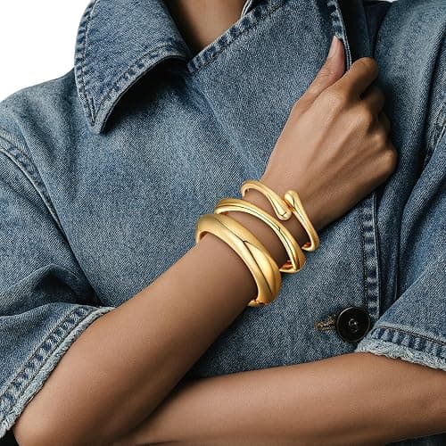 Chunky Gold Bangle Bracelets for Women Trendy 14K Gold Plated Cuff Bracelets Stack, Dainty Gold Bracelet Sets Non Tarnish Fashion Jewelry Gift thumbnail 7