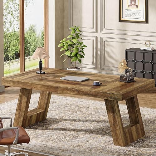 Tribesigns 63 Inches Wood Executive Desk, Large Home Office Computer Desk with Double Pedestal, Industrial Study Writing Table, Business Workstation for PC Laptop, Rustic Brown thumbnail 5