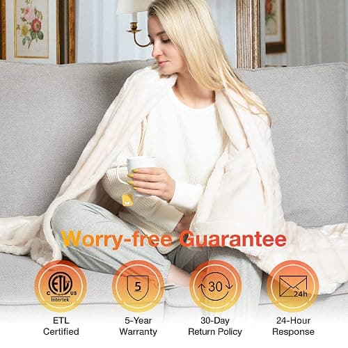 WOOMER Electric Heated Throw Blanket, Soft Faux Fur Fast Heating Blanket, 4 Heating Levels & 4 Hours Auto Off (50"x 60"), Machine Washable, Over-Heat Protection, ETL Certification thumbnail 7