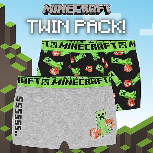 Minecraft Boxer Shorts, Boys Underwear 5-14 Years, Pack of 2 (9-10 Years, Black/Grey) thumbnail 6