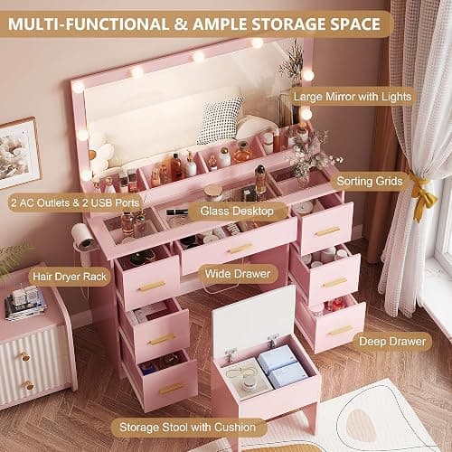 METOTI 44" Vanity Desk with 38" Large Mirror and 9 LED Lights & Glass Top and Power Outlet, Makeup Vanity Set with 7 Drawers & Chair and RGB Ambient Light, Dressing Table for Bedroom, Modern Pink thumbnail 3