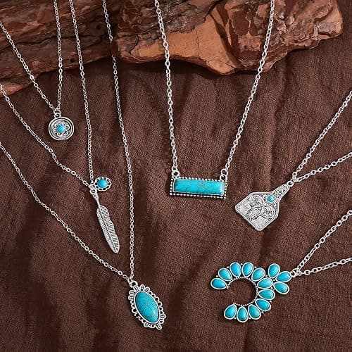 MEDOJO 26 Pcs Boho Jewelry Set for Women Bohemian Layered Western Necklace Stackable Turquoise Ring Turquoise Hoop Dangle Earrings Studs thumbnail 7