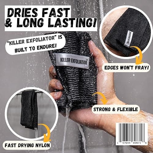Extra Rough Exfoliating Washcloth-Extreme Body & Back Scrubber for Shower, Extra Long, Hygienic Rough Exfoliator, Men & Women, 2 Count Pack, Black & Grey, Killer Exfoliator thumbnail 4