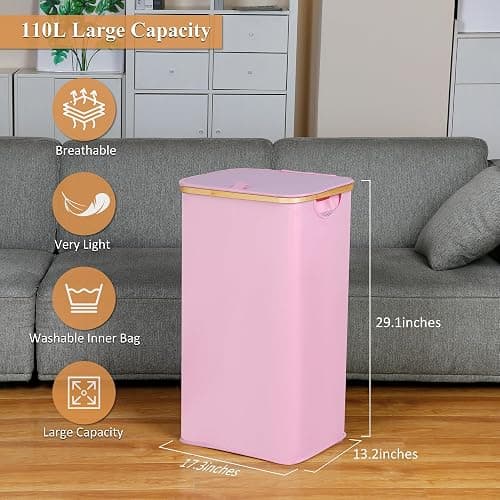 iEGrow Laundry Hamper with Lid, 110L Large Laundry Basket with Handle and Lid, Collapsible Clothes Basket Organizer with Removable Inner Bag for Clothes Toys Towels,Pink thumbnail 3