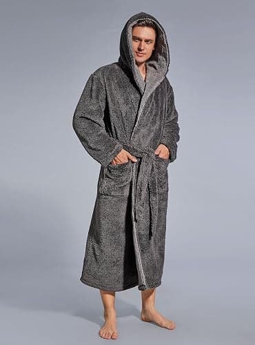 SlumberMee Mens Fleece Plush Robe with Hood Ultra Soft Fluffy Full Length Long with Pockets Luxurious House Coat thumbnail 4