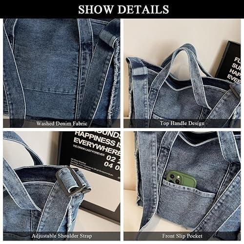 Extolove Denim Tote Bags for Women Jean Purse Casual Denim Handbag Large Capacity Crossbody Shoulder Bag thumbnail 5