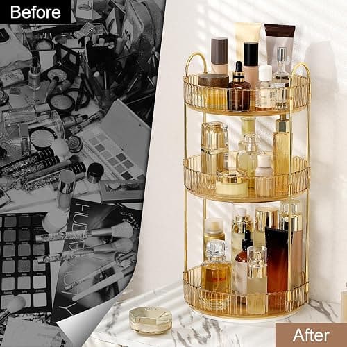 Weidace 360 Rotating Makeup Organizer for Vanity, Bathroom Countertop Spinning Perfume Organizer, High-Capacity Cosmetic and Skincare Dresser Make Up Holder Rack (3 Tiers, Yellow) thumbnail 4