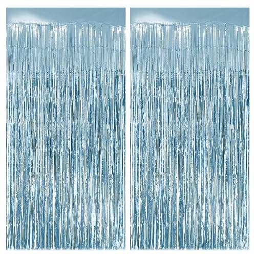 2 Pack Light Blue Fringe Backdrop, 3.2x8.2ft Shining Foil Tinsel Curtains, Birthday Party Decorations Door Streamers for Halloween, Christmas, Wedding, Graduation, Holiday, Theme Events - Image 1
