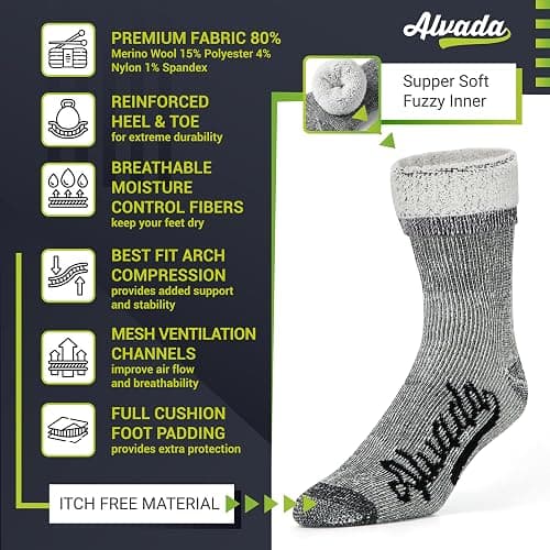 Alvada Merino Wool Hiking Socks Thermal Warm Crew Winter Boot Sock For Men & Women 3 Pairs thumbnail 3