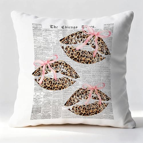 Fyecoluo Pink Bow Leopard Lips Pillow Covers 18x18, Cheetah Print Room Decor, Retro Trendy Girly Leopard Kiss Lips Decorative Throw Pillow Covers for Home Bedroom Girls Room Dorm - Image 1