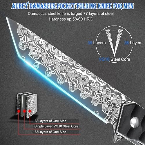 AUBEY Damascus Pocket Knife with Clip, Tanto Blade Damascus Steel Folding Knives for Men Tactical, Aluminum Handle with Glass Breaker for EDC Camping Gift thumbnail 3