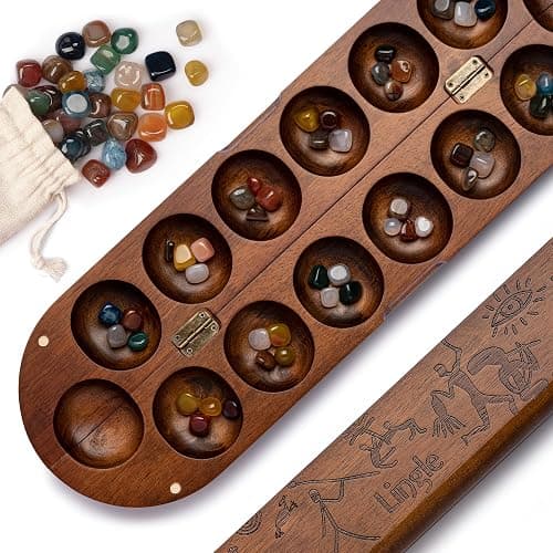 Lingle Deluxe Mancala Set: Real Wood Hinged Board with 48 Natural Multicolor Stones - Authentic African Petroglyphs, Foldable Design for 2-Player Strategy Game - Image 1