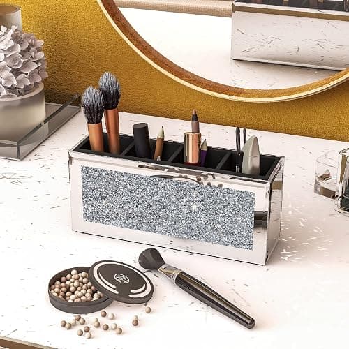 SHYFOY 4-Compartment Makeup Brush Holder, Mirrored Makeup Organizer with Crushed Diamond Crystals, Vanity Cosmetics Organizer Solution, Pencil Holder Organizer for Desk thumbnail 2