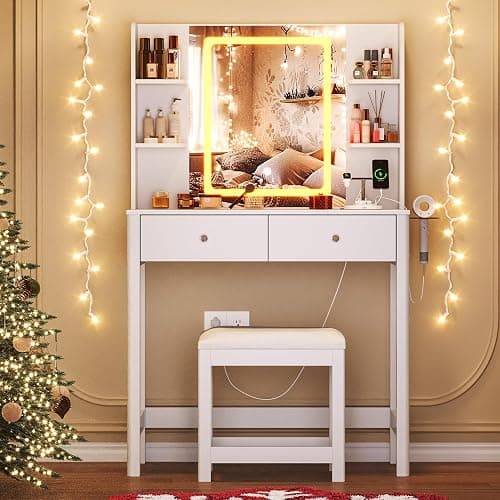 ProsperHaven Vanity Desk with Mirror and LED Lights, Small Makeup Vanity Table Set with Drawers and Chair, Dressing Table with Power Outlet for Girls Bedroom, White thumbnail 8