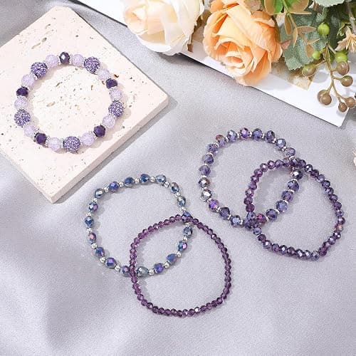 Wanmu 5Pcs Beaded Bracelets for Women, Bohemian Glass Faceted Crystal Beads Bracelet, Stackable Boho Disco Ball Stretch Bracelets, Multilayered Purple Jewelry Gift for Women, Mother's Day thumbnail 5