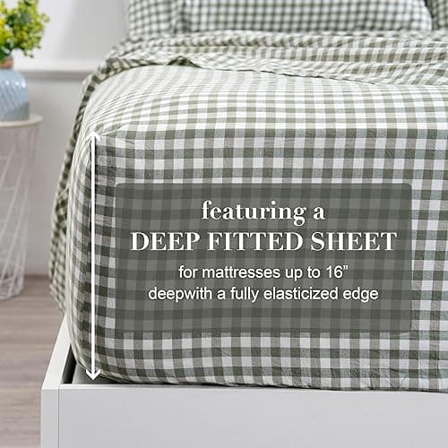 100% Cotton Queen Sheet Set - 4 Piece Cotton Sheets Queen Size Bed Set, Soft, Smooth, Durable, Easy Care, 16" Deep Pocket Checkered Green Sheets - 1 Flat, 1 Fitted, 2 Pillowcases - Checkered Green - Queen thumbnail 3