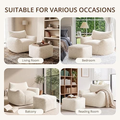 zzlay Giant Bean Bag Chair for Adults, Large Cloud Comfy Bean Bag with Ottoman & Armrests, Stuffed Beanbag Chair for Reading, Gaming, Napping, Beige thumbnail 7