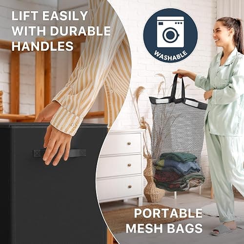 Simple Houseware Double Laundry Hamper with Lid and Removable Bags, Black thumbnail 5