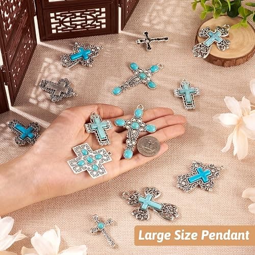 Spritewelry 14Pcs 7 Styles Turquoise Pendant Gemstone Cross Charms Tibetan Vintage Large Pendant Retro Religion Stone Dangle Charms for Big Earrings Necklace Keychain Jewelry Making DIY Crafts thumbnail 8