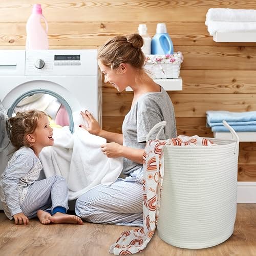 XUANGUO Cotton Rope Laundry Basket Hamper for Clothes Decorative Woven Storage Basket for Living Room Bedroom Boho Tall Rope Baskets for Blanket Toys Baby Nursery Hamper Bin Large white thumbnail 4