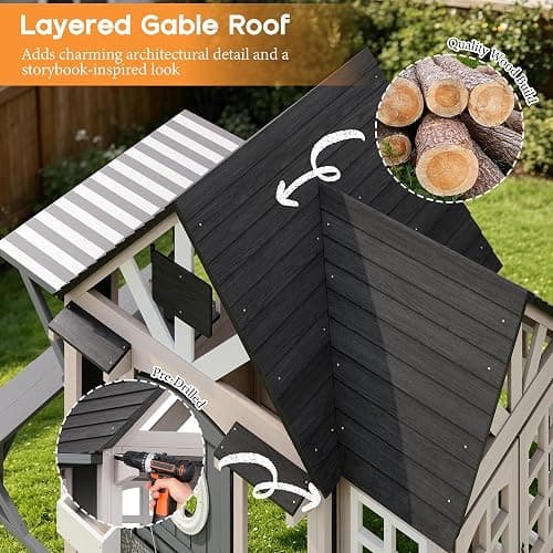 Albott Kids Outdoor Wooden Playhouse with Kitchen Playset, Backyard Cottage for Kids with Bench, Chalkboard, Pet Door, Wooden Mailbox and Flowerpot, Backyard Play House for Boys and Girls Ages 3-8 thumbnail 9