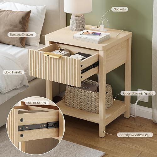 Lulive Fluted Night Stand with Drawers, Fluted Nightstand with Charging Station, Wood Modern Bedside End Table with Storage Drawer for Bedroom, Save Space (Set of 1, Natural Oak) thumbnail 6