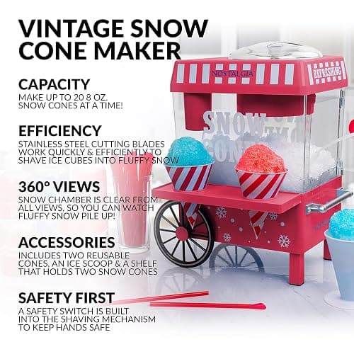 Nostalgia Vintage Countertop Snow Cone Machine - Slushie Machine - Shaved Ice Machine and Crushed Ice Maker - Makes 20 Icy Treats, Includes 2 Reusable Plastic Cups & Ice Scoop – Red - Red thumbnail 2