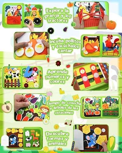 Meafeng Montessori 1 año, 20 en 1 Busy Board de Actividad, Libro Interactivo Juguetes Montessori para niños 1 2 3 4 5 6 años, 10 páginas Animales Granja thumbnail 3