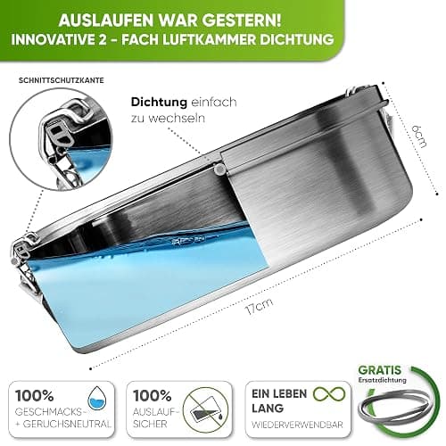 Blockhütte Stainless Steel Lunch Box I 27oz I with free sealing I Bento Box 3 Compartments, Leak-Proof Food Containers, Metal Lunchbox for Travel & Work, Eco-Friendly Meal Storage Solution - 27oz - Silver thumbnail 2