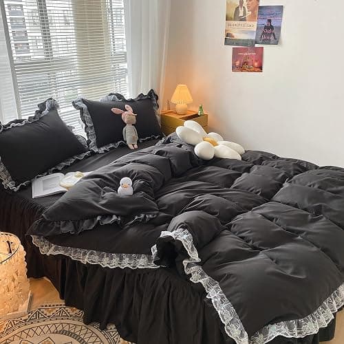 Black Ruffle Duvet Cover Sets 3 Pieces Lace Bedding Set with 2 Pillowcases Double Soft Breathable Microfiber Duvet Cover 200 x 200 cm thumbnail 2