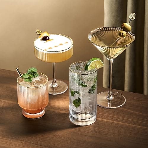 Viski Meridian Highball Glasses Set of 2 - Vintage Drinking Glass, Art Deco Ripple Glassware Design, 15oz Gold Rimmed Collins Glasses Set thumbnail 5