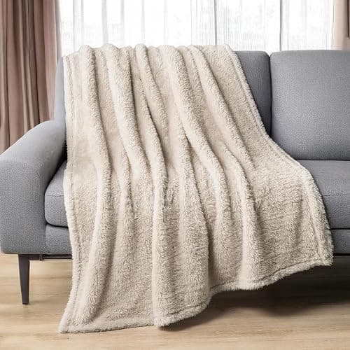PAVILIA Sherpa Throw Blanket for Couch Sofa, Cream Beige Fluffy Warm Plush Blanket for Bed, Cozy Super Soft Lightweight Throw, Fuzzy Decorative Blanket, All Season Home, 50x60 - Image 1