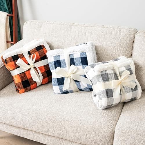 PAVILIA Checkered Sherpa Throw Blanket Couch Sofa Bed, Light Grey, 50x60 | GSM 460; Plush Flannel Fleece with Buffalo Plaid; Warm&Cozy for Home; Perfect Fall & Winter Decor Holiday Christmas Gift thumbnail 7