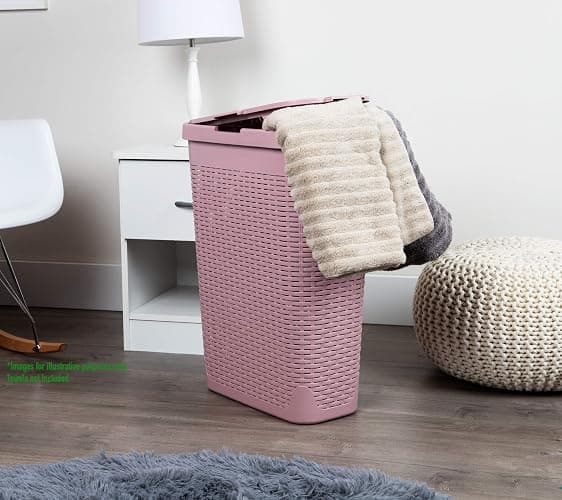 Mind Reader 40L Slim Laundry Hamper, Clothes Basket, Lid, Wicker Design, Plastic, 18"L x 10.4"W x 23.5"H, Pink - Pink - Single thumbnail 2