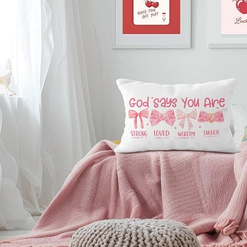 YeiHe Pink Bow Coquette Christian Pillow Covers 12x20, Pink Coquette Room Decor, Girly Bedroom Decor, God Says You are Affirmation Bible Verse Pillow Covers, Christian Gifts for Women Teen Girls thumbnail 3