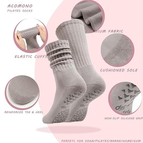 Acomono Women’s Pilates Socks with Grips – 3 Pairs Scrunch Crew Non-Slip Yoga Barre Workout Hospital Slipper Slouch Socks thumbnail 4