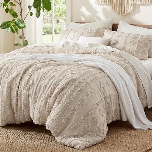 Bedsure Tufted Boho Comforter Set Queen Size - Beige Boho Bed Set, GentleSoft™ 3 Pieces Farmhouse-Style Embroidery Bedding, Gifts for Woman, Soft Jacquard Kids' Queen Comforter for All Seasons - Image 1