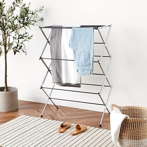 Amazon Basics Foldable Portable Laundry Drying Rack for Indoor Air Drying Clothing, 14.5 x 29.5 x 41.8 inches (LxWxH), Chrome Silver thumbnail 2