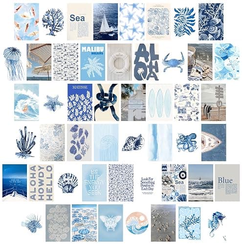 Beach Coastal Surf Wall Art - 4x6 Inches Set of 50 UNFRAMED Collage Posters & Prints - Blue Retro Beach Wall Decor - Summer Cowgirl Nautical Beachy Room Decor - Ocean Surfboard Granddaughter Room Wall Decor - Image 1