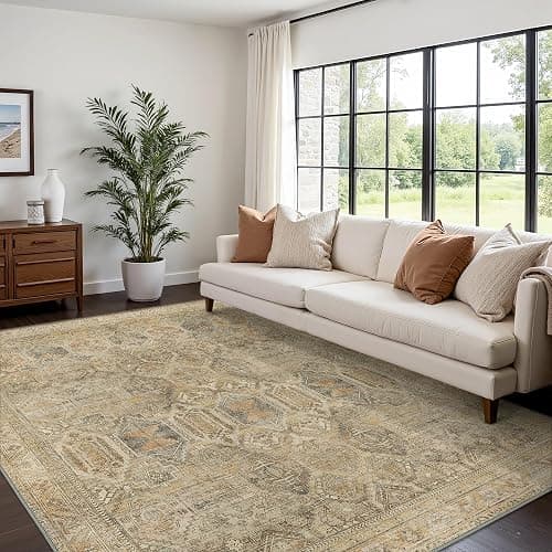 Bavni Washable Rug 8x10 Area Rug for Living Room Bedroom Dining, Washable Vintage Print Carpet, Ultra-Thin Low Pile Lightweight Rug with Non Slip Backing, Light Brown - Image 1
