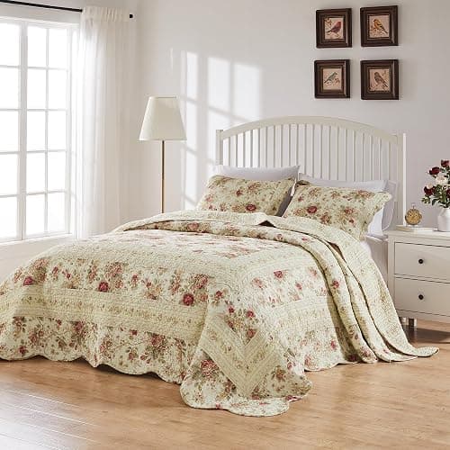 Greenland Home Antique Rose Jumbo Oversized 100% Cotton Bedding Set, Bedspread 110 W x 118 L with 2 Shams 20 W x 26 L Each, Queen (3 Piece), Ecru thumbnail 7
